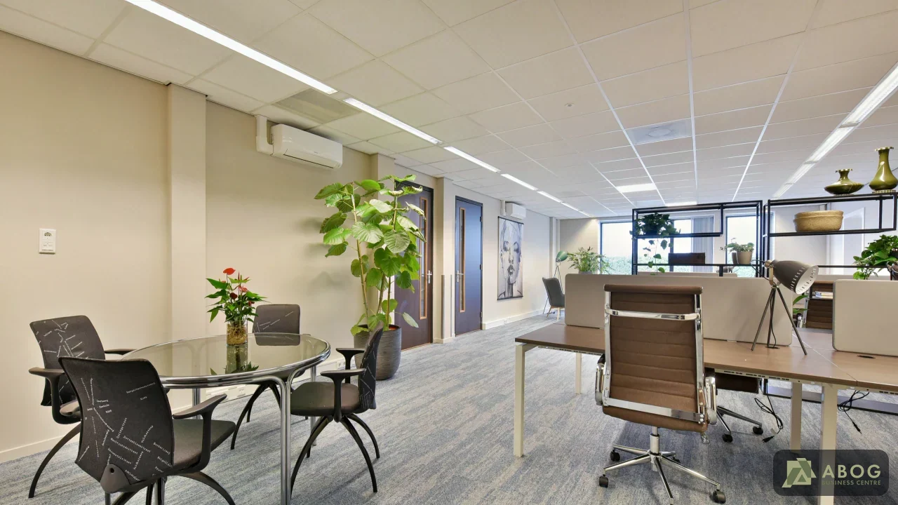 Een lichte kantoorruimte met links een ronde tafel met zwarte stoelen en rechts werkplekken met bureaus, bureaustoelen en kamerplanten.