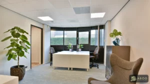 Een lichte kantoorruimte met een wit bureau, bureaustoelen, een fauteuil en grote kamerplanten. Grote ramen aan de achterzijde laten daglicht binnen.